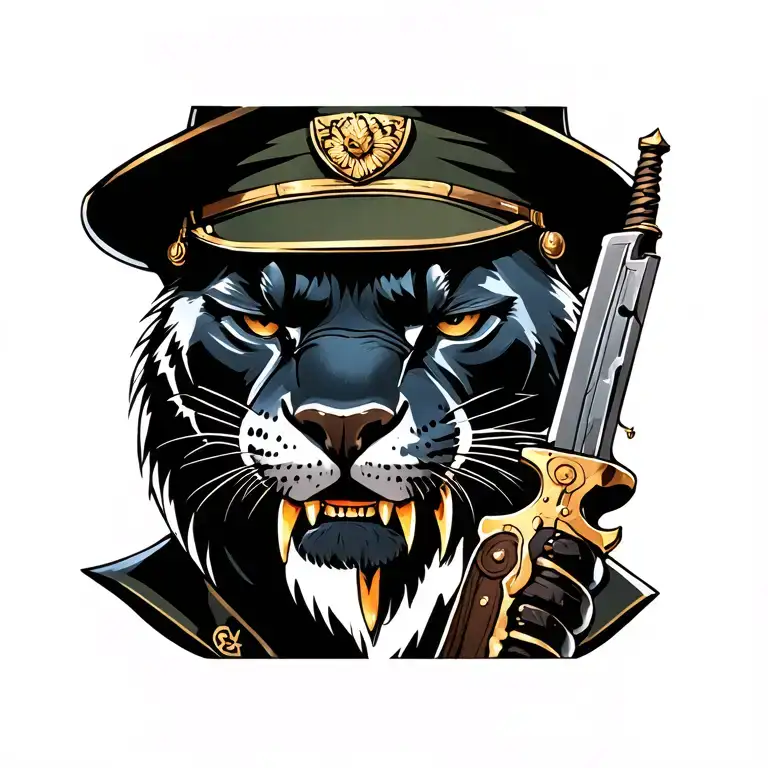 black panther with military hat adorned with gun and nose piercing and gold saber teeth tattoo design idea