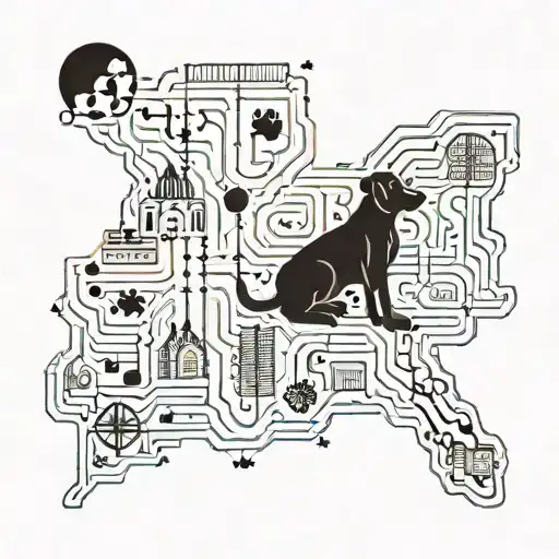 A blackwork tattoo of a stylized map of Fayetteville, with musical notes and dog paw prints scattered throughout, showcasing your connection to the city and your passions tattoo design idea