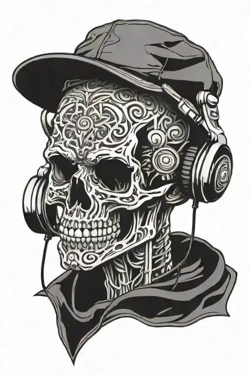 gangster skull wearing headphones tattoo design idea