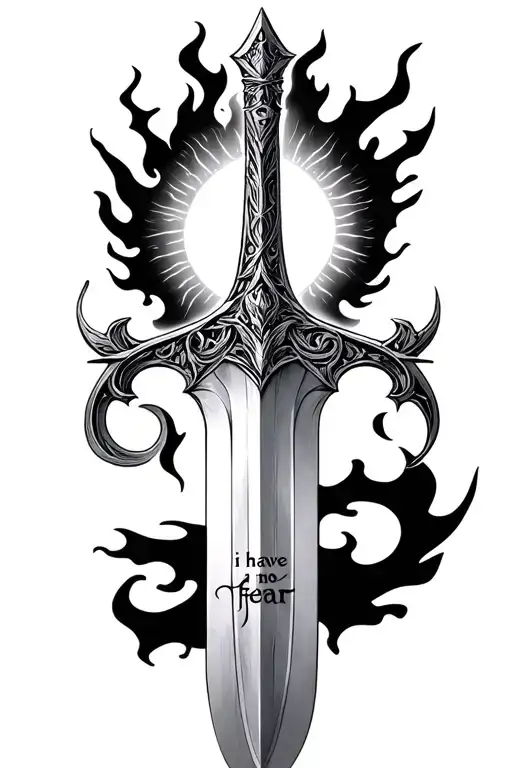 create a tattoo of the GOLDRIN sword of throne of glass, with the phrase "i have no fear" inlaid on the blade and fire and sun tattoo design idea
