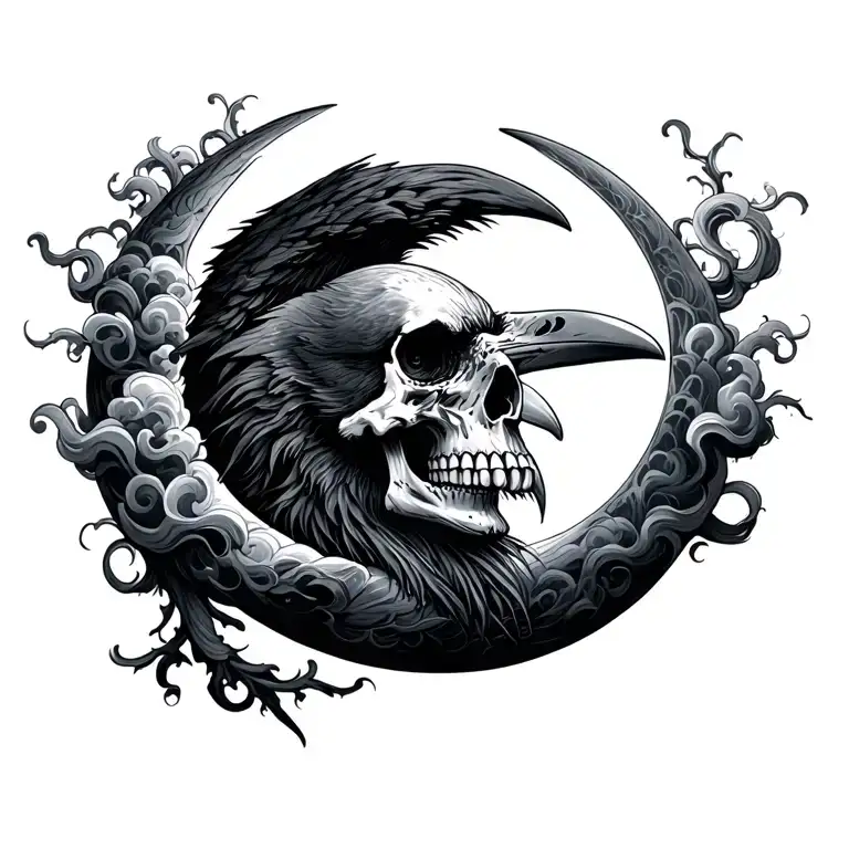 raven half moon skull clouds tattoo design idea