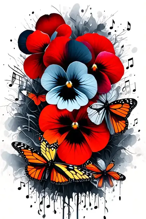 Pansies and Violas surrounded by monarch butterflies and music notes tattoo design idea