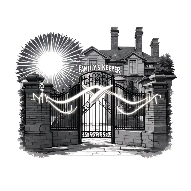 "My Family's Keeper" Text location Upper Chest, Center of Chest:Infinity Symbol covering closed gate infront of Mansion, sun ray shading tattoo design idea