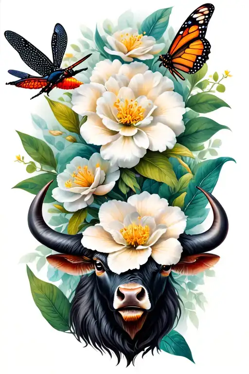Jasmine flowers with a dragon fly and a butterfly with a brazillian brahma bull. Make feminine tattoo design idea