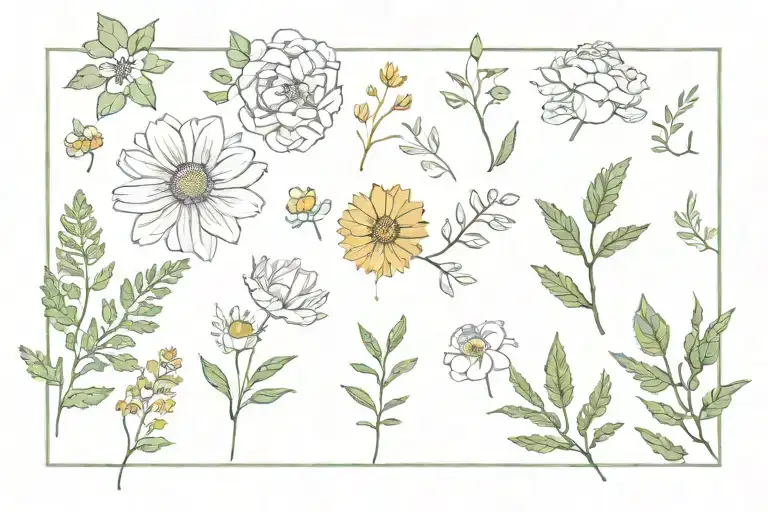 marigold, cosmos, chrysanthemum, aster, honeysuckle, daisy, sage, and fern tattoo design idea