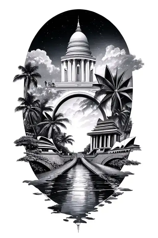 The pantheon, the Singapore gardens, Thai temples, Vietnam trains, the Great Wall, the Milky Way, Sydney opera house, ma tattoo design idea