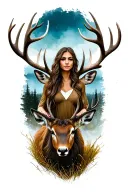 woman standing with stag in wilderness tattoo design idea