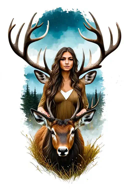 woman standing with stag in wilderness tattoo design idea