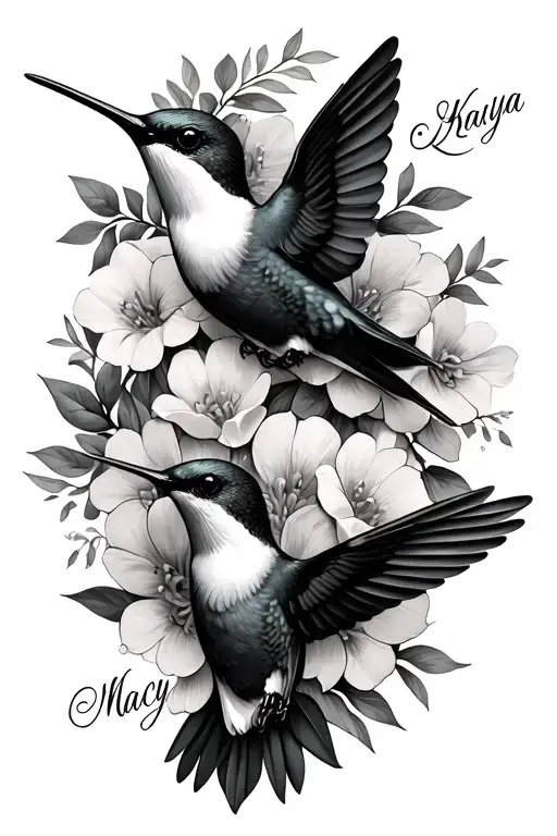 3 hummingbirds surrounded by flowers with "Macy""Kaiya" and "Anslem" written on hummingbirds tattoo design idea