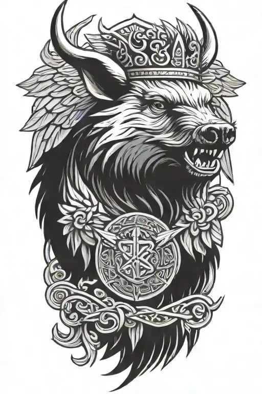 boar wearing a crown with the st michael sword and wings with a celtic trinity knot background tattoo design idea