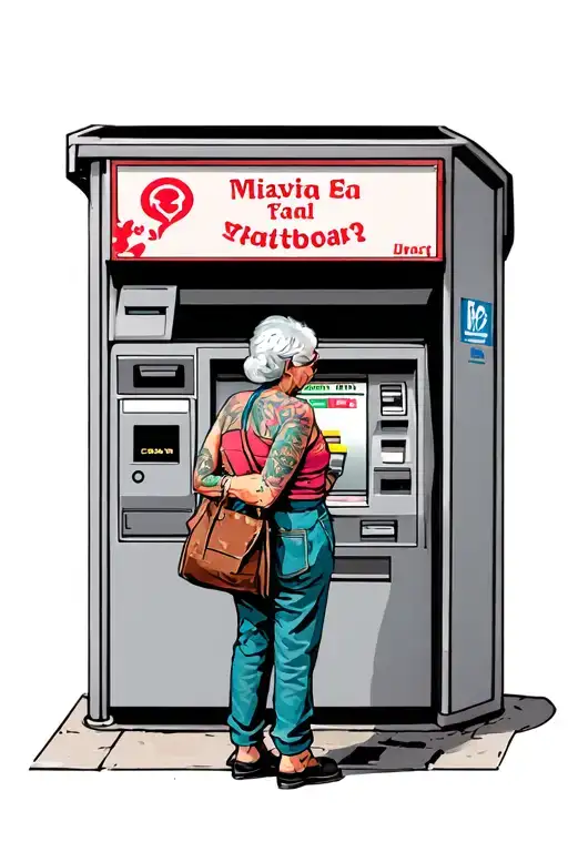 Granny with a bag stands near an ATM tattoo design idea