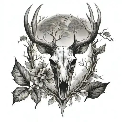 whitetail deer skull, leaves and oak trees tattoo design idea