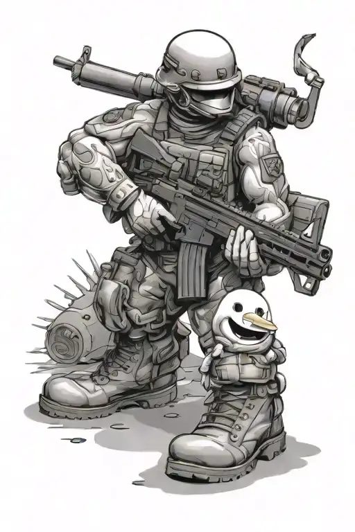 military snowman, with combat boots a riffle, and muscles tattoo design idea