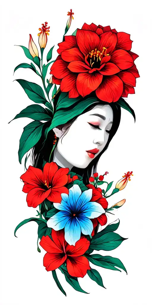 Generate a sleeve or colorful flowers focusing on lilies, hibiscus, and red dahlias let the main colors be red blue and  tattoo design idea