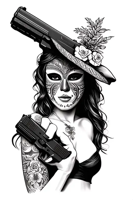 Mexican half mask on women holding glock tattoo design idea