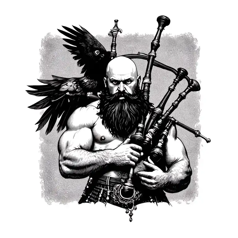 bald bagpiper with black beard with crow featherd muscular body with a mans head and hands playing blackbagpipes tattoo design idea