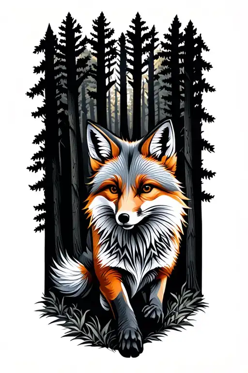 a fox runs out of the forest. The deciduous forest is on the left, the fox is on the right. The forest transitions into  tattoo design idea