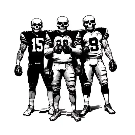 5 football fans with skull heads, standing next to each other, ultras, in mma gloves tattoo design idea