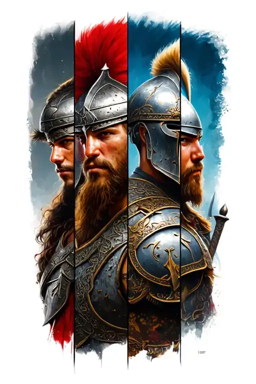  a spartan warrior a samurai a knights templar and a viking on 4 diffrent battlefield tattoo design idea