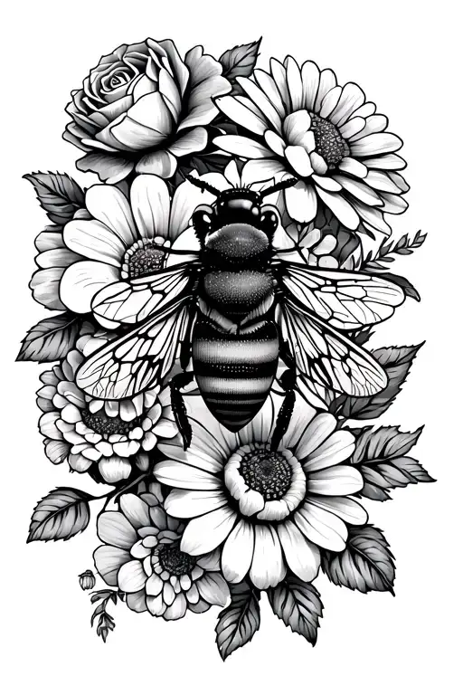 Manchester bee, flying over a cluster of flowers, including roses, peonies, african daisies. tattoo design idea