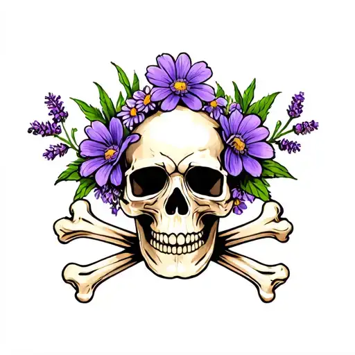 a skull and crossbones but instead of crossbones it's lavender flowers and the skull has flowers growing out of it  tattoo design idea