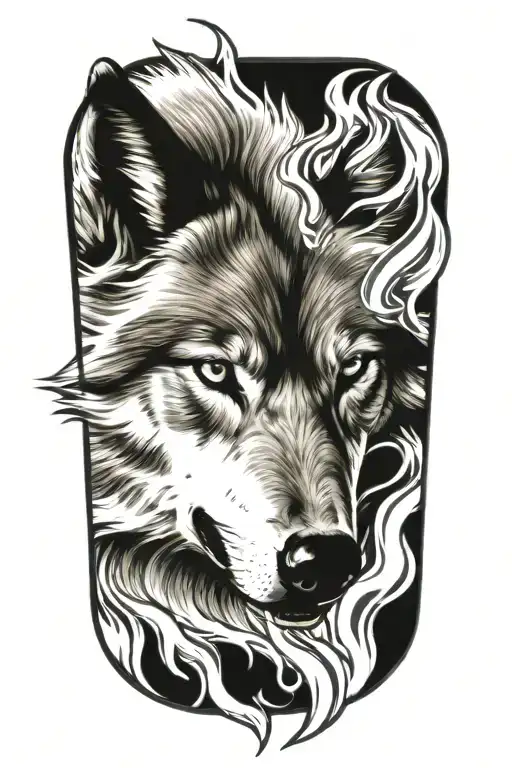 wolf fire flames left arm tattoo design idea