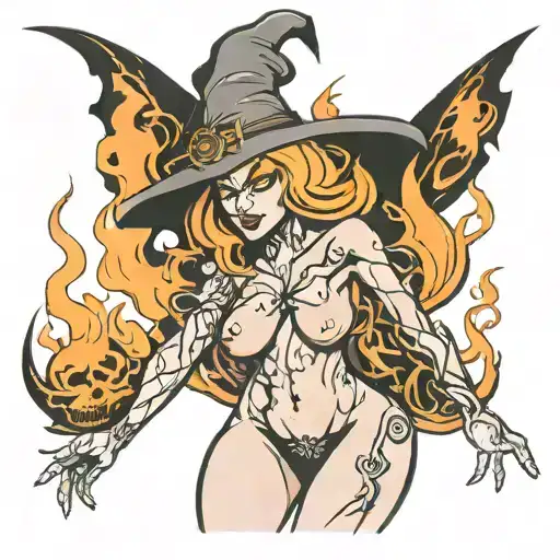 naked witch burns tattoo design idea