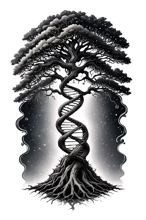 A cosmic oak tree of life rises from the top, its trunk twisting into a DNA double helix that flows downward. tattoo design idea