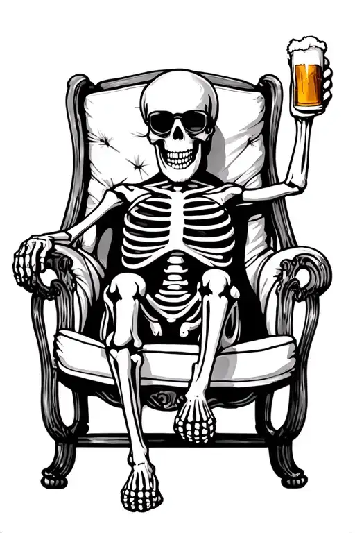 skeleton sitting in a lounge chair with sunglasses on while holding up a beer tattoo design idea