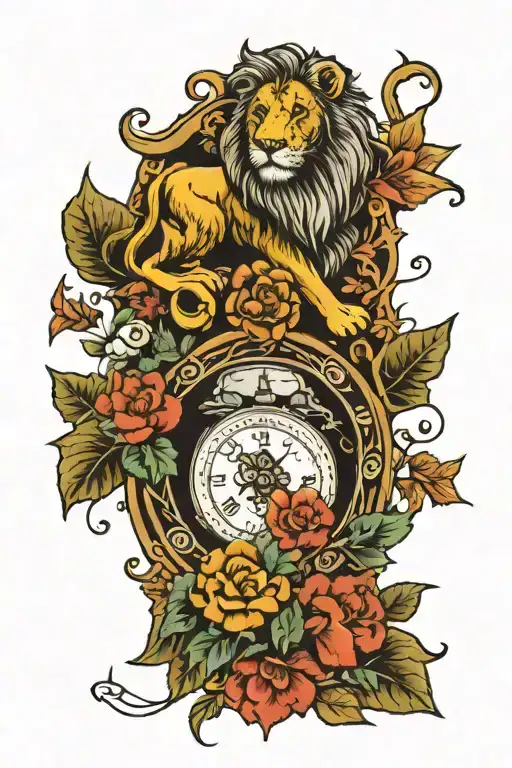 a lion at the bottom, flowers at the top, an hourglass somewhere, and the quote "take the risk or lose the chance" tattoo design idea