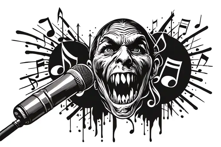 An evil face morphing into a microphone, with music notes and dark imagery intertwining throughout the design, representing the music producer's passion for darkness and music tattoo design idea