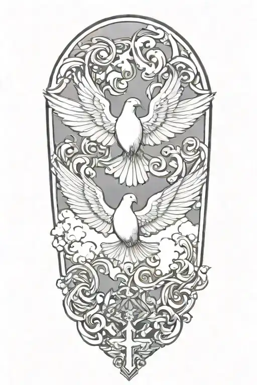 dove flying  clouds cross snake and angel tattoo design idea