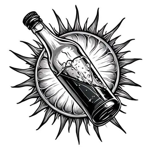 Sun and alcohol bottle pouring tattoo design idea