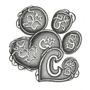 cat paw print inside a dog paw print with the letters C and S in a heart tattoo design idea