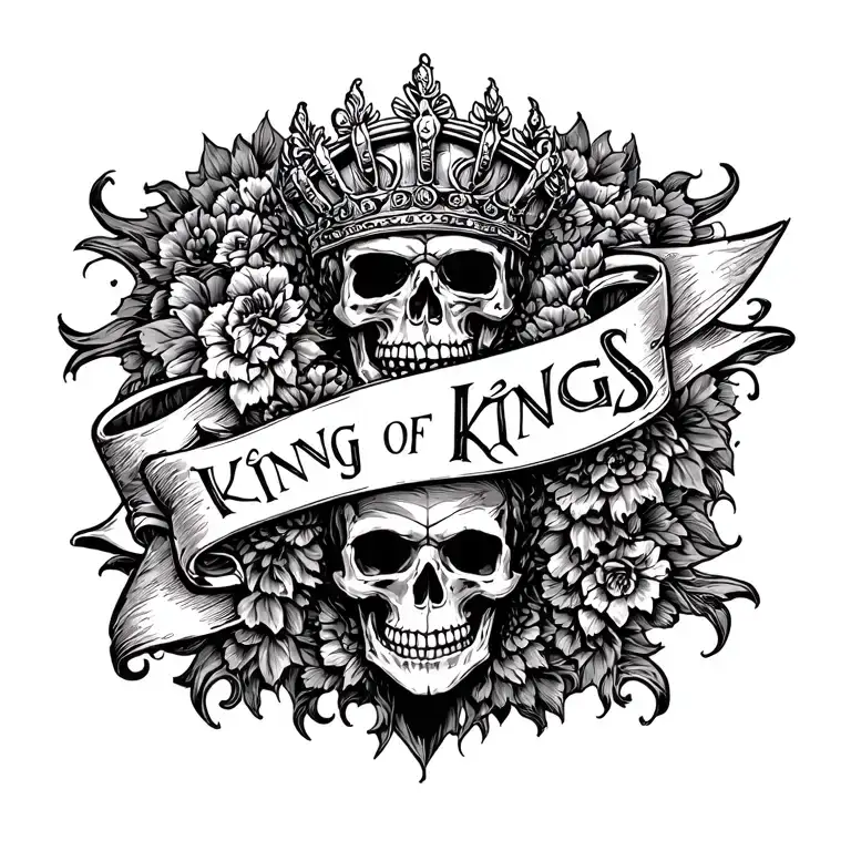 "king of kings" words on a banner with a skull tattoo design idea