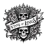 "king of kings" words on a banner with a skull tattoo design idea