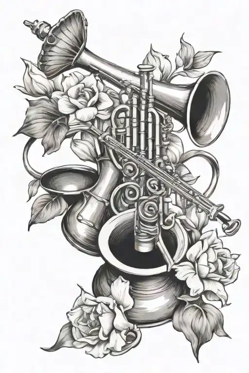 viola, trumpet, violin and a gramophone sorrounded by tulip flowers tattoo design idea