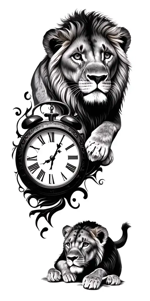 2 lion cubs 2 time clocks surrounded tattoo design idea