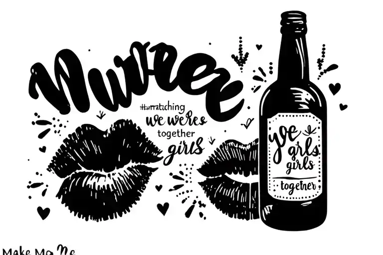 Make me matching best friend tattoos that say “we were girls together” in cursive, with a bottle of liquor and kiss mark tattoo design idea