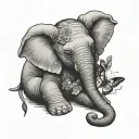 baby elephant with butterfly resting tattoo design idea