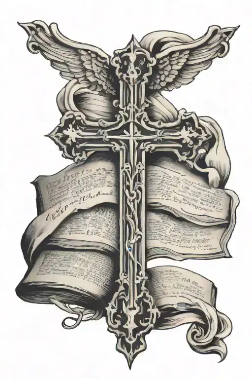 Cross with the Bible verse Mathew 5:41 written tattoo design idea