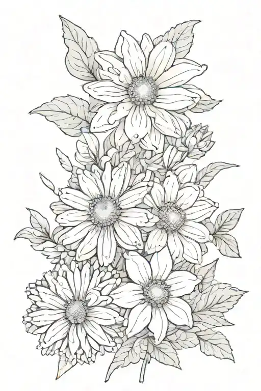 1 chrysanthemum flower, 2 daffodil flowers, 1 violet flower, 2 asters, 1 daisy tattoo design idea
