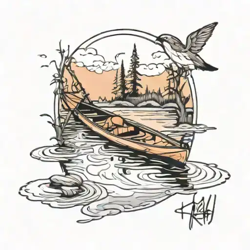 empty kayak, slightly angles towards bottom left, on a calm lake surrounded by trees tattoo design idea