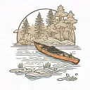 empty kayak, slightly angles towards bottom left, on a calm lake surrounded by trees tattoo design idea