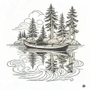 empty kayak, slightly angles towards bottom left, on a calm lake surrounded by trees tattoo design idea
