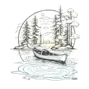 empty kayak, slightly angles towards bottom left, on a calm lake surrounded by trees tattoo design idea