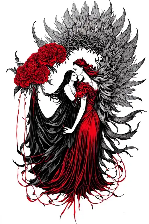 hades and persephone connected by red string tattoo design idea