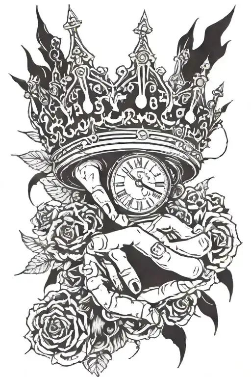 with a graceful female hand reaching out to something symbolizing (power, might, cynicism, wealth,) not a crown, not a watch tattoo design idea