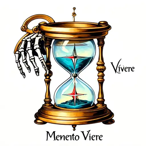 "Memento Vivere" "Memento Vivere" hourglass with compass and skeleton hand tattoo design idea