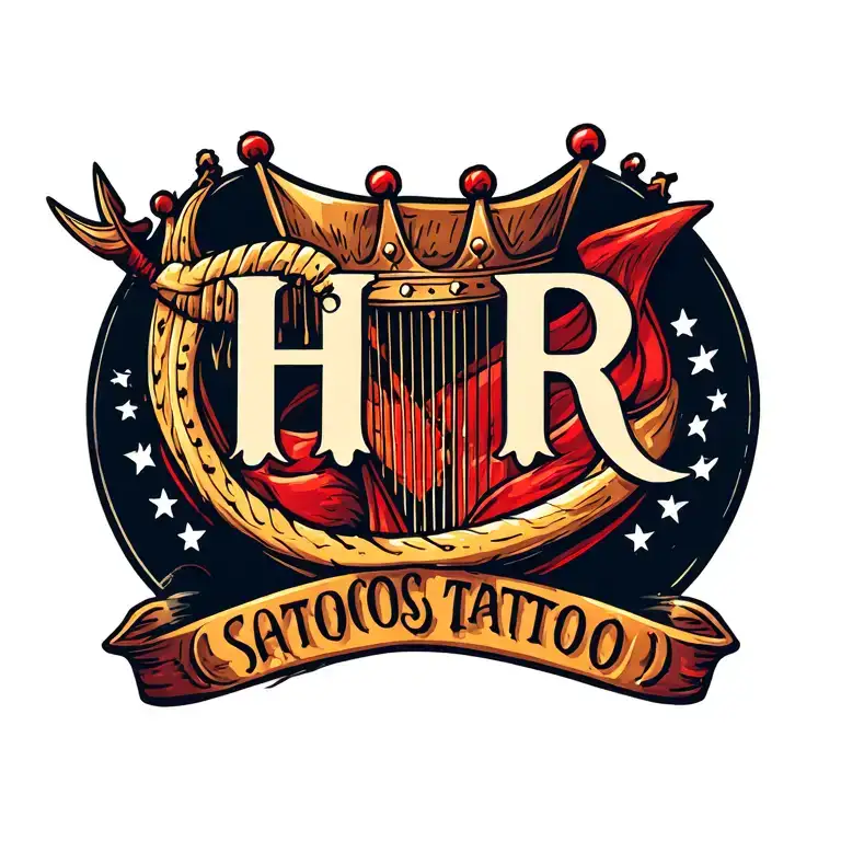 harp with crown hanging with h and r tattoo design idea